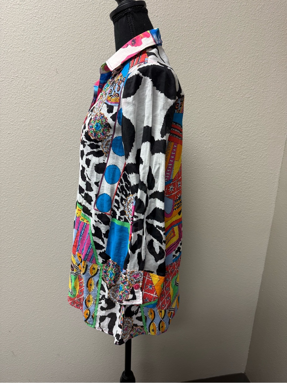 Pleats Collection Patchwork Shirt Small Colorful Abstract Zebra Button Top - Picture 4 of 10